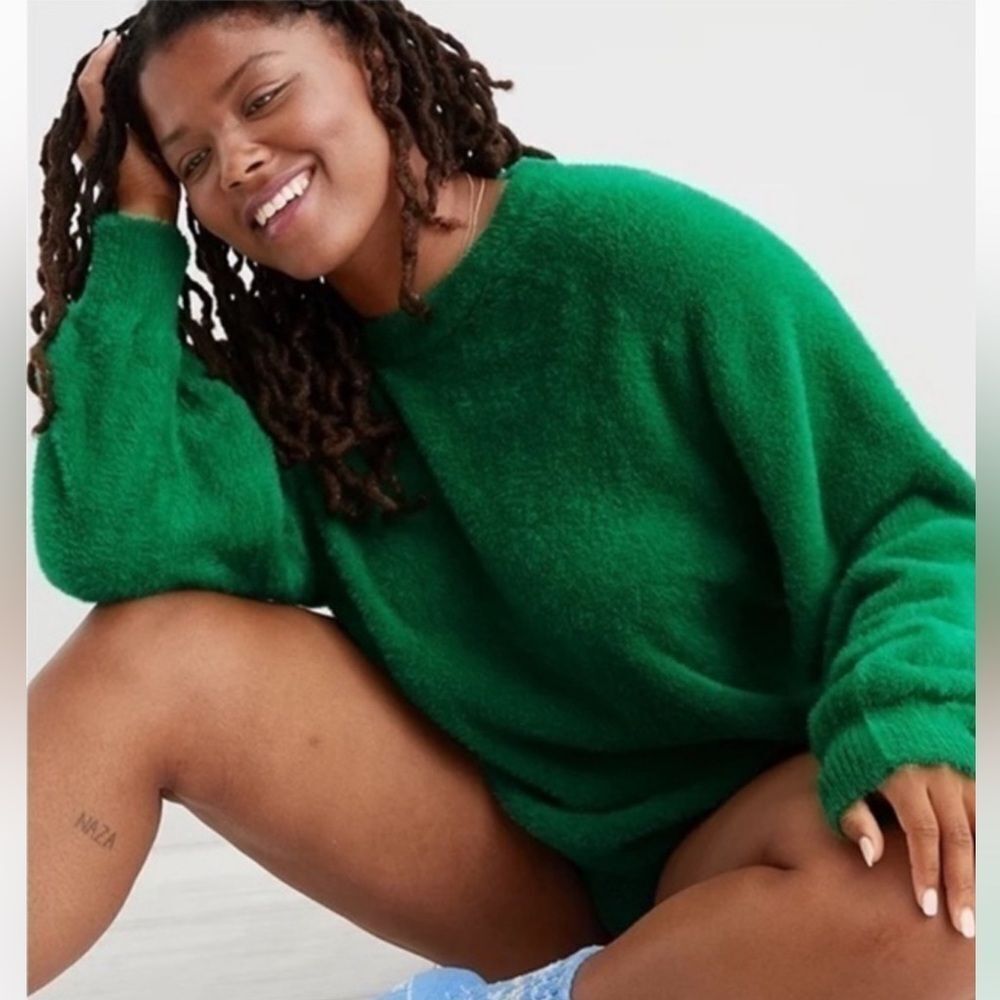 Aerie Flurry Crew Neck Super Soft Pullover Sweater Kelly Green